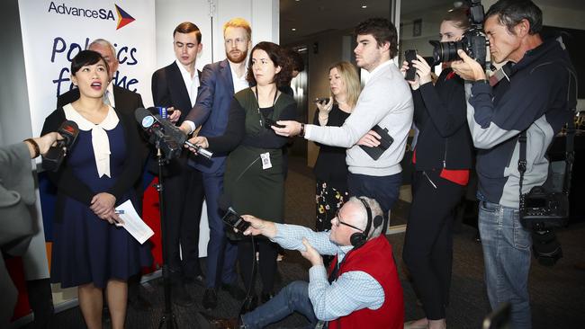 Jenny Low addresses the media about her relationship with Nick Xenophon today. Picture: Sarah Reed