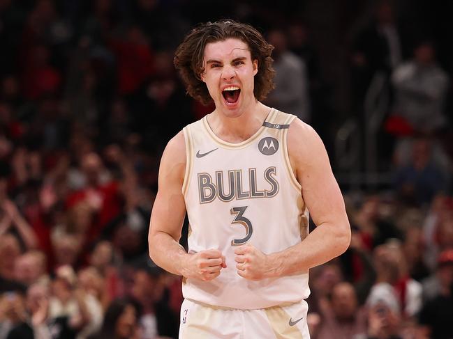 CHICAGO, ILLINOIS - DECEMBER 28: Josh Giddey #3 of the Chicago Bulls celebrates a basket against the Milwaukee Bucks during the second half at the United Center on December 28, 2024 in Chicago, Illinois. NOTE TO USER: User expressly acknowledges and agrees that, by downloading and or using this photograph, User is consenting to the terms and conditions of the Getty Images License Agreement.  (Photo by Michael Reaves/Getty Images)