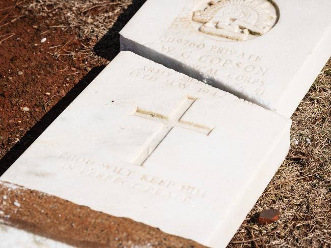 Vandals have damaged or destroyed more than 300 graves at Toowoomba's Drayton Cemetery, Sunday, August 11, 2024. Picture: Kevin Farmer