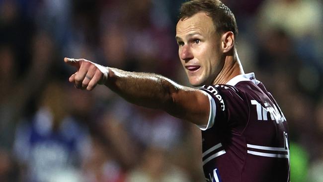SYDNEY, AUSTRALIA - MARCH 23: Daly Cherry-Evans of the Sea Eagles instructs his team during the round three NRL match between Manly Sea Eagles and Sydney Roosters at 4 Pines Park, on March 23, 2025, in Sydney, Australia. (Photo by Jeremy Ng/Getty Images)