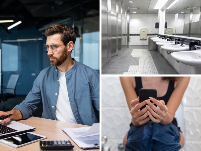 Woman sitting in the toilet pushing