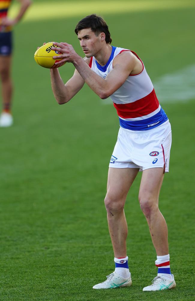 Sam Darcy of the Bulldogs lines up for goal. Picture: Sarah Reed/AFL Photos via Getty Images.