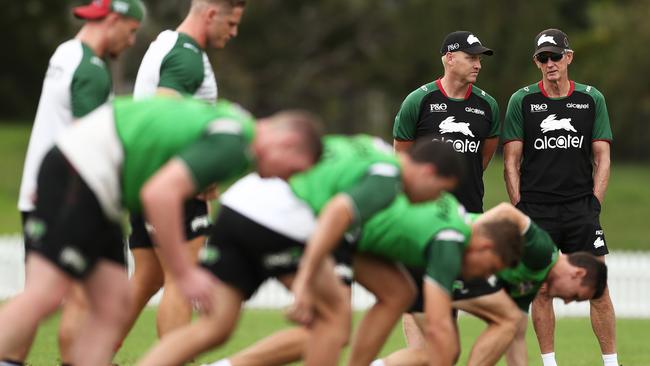 Rabbitohs coach Wayne Bennett with his squad. Pictures: Matt King/Getty Images