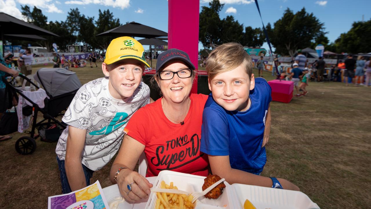 Moreton Kids Festival at Pine Rivers Park. Charlie Southall, Melanie Swann and Alfie Southall, of Petrie. Picture: Dominika Lis.