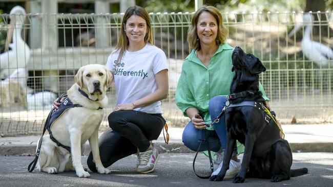 Sophie Slattery, with See Differently assistance dog Ivan, and Lisa Cundy with Lana, at the launch of Adelaide Zoo’s Assistance Animal Program. Picture: Roy VanDerVegt