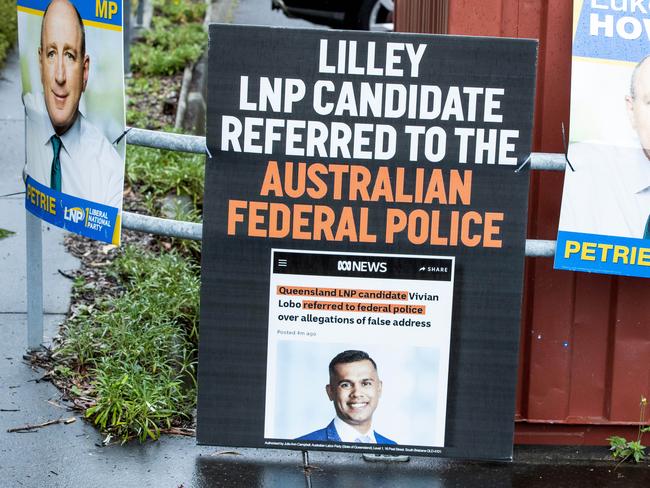 Signage at pre-polling for the Federal Election at Chermside Kedron Community Church with an ABC News article of the alleged incident. Picture: Richard Walker