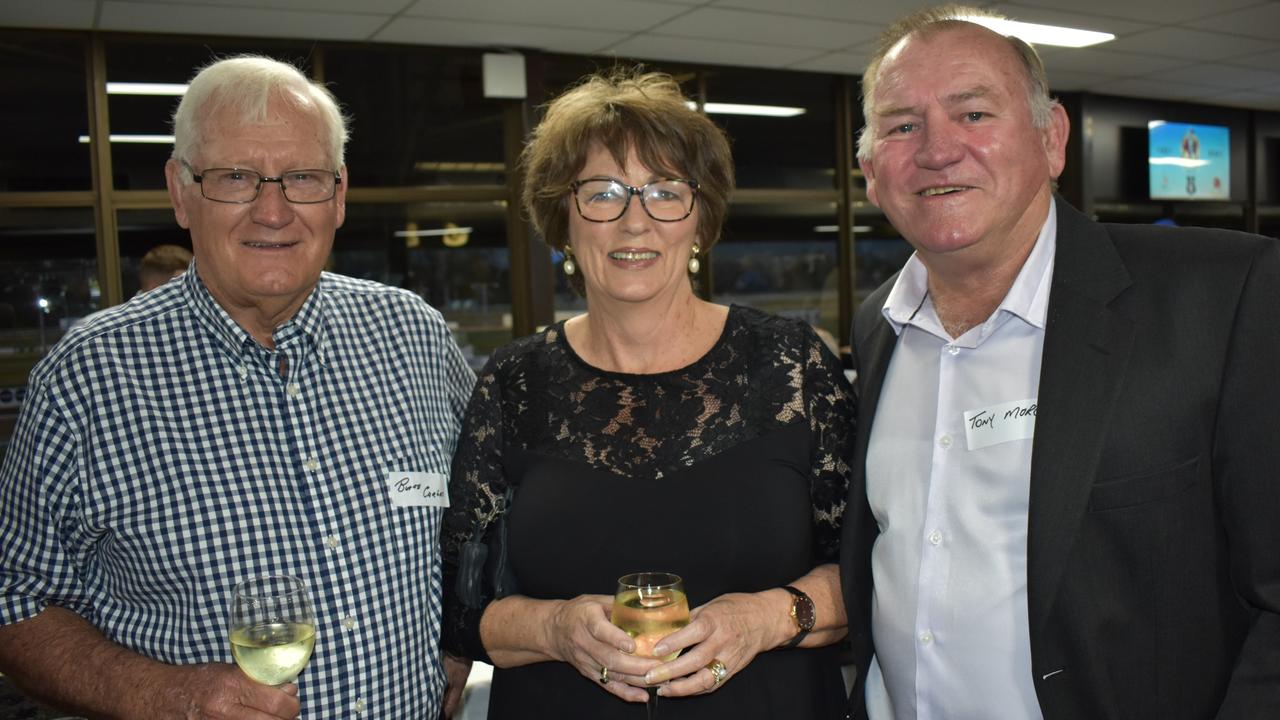 John 'Butch' Carlos and Marg and Tony Morgan at Norths Chargers' centenary celebrations at the Rockhampton Jockey Club on October 2, 2021.