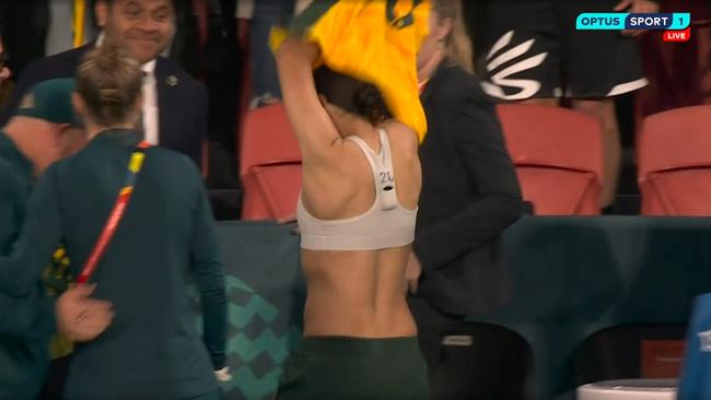 Sam Kerr went straight into the grand stand. Photo: Optus Sport.