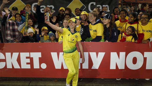 Ellyse Perry takes a selfies with fans as Australia took on New Zealand last year. Picture: Chris Pavlich