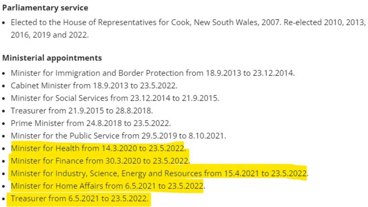 Scott Morrison's official parliamentary biography has been updated.