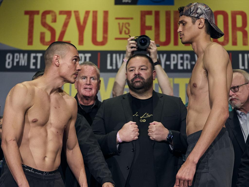 Tim Tszyu face-to-face with Sebastian Fundora, who he’ll meet in the ring on Sunday (AEST).