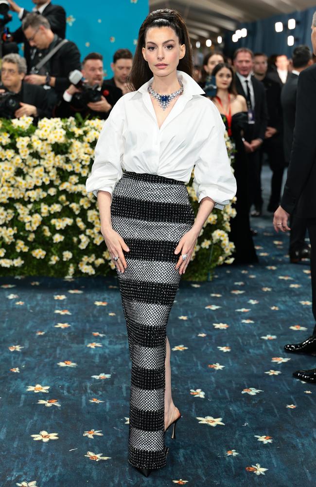 Anne Hathaway looked half her age at the Met Gala on May 6 after recently sparking plastic surgery rumours. Picture: Dimitrios Kambouris/Getty Images for The Met Museum/Vogue
