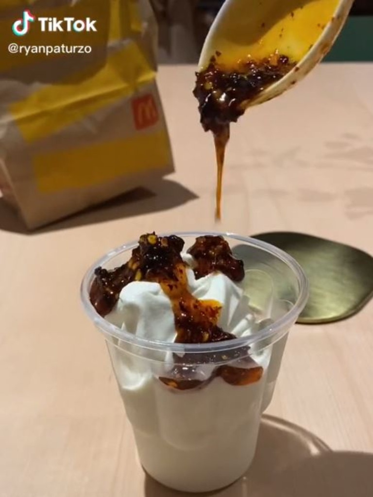 Then drizzle the top with chilli oil. Yes, that’s chilli oil. Picture: TikTok/ryanpaturzo