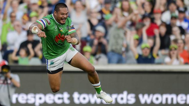 Joey Leilua leaps in the air to celebrate his try. Picture: AAP Image/Rohan Thomson