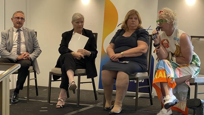 Gold Coast mayoral candidates Eddy Sarroff, Lavina Rampano, Virginia Freebody and Danielle Dunsmore speaking at the Southern Gold Coast Chamber of Commerce candidate debate on February 21, 2024. Picture: Paul Weston