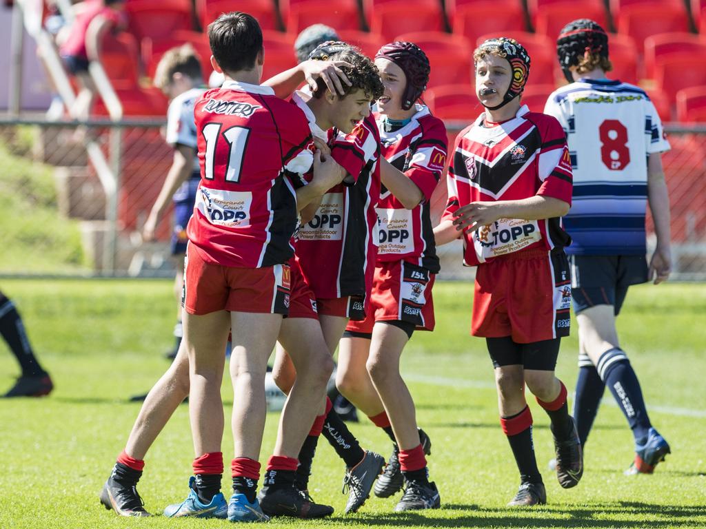 Valleys celebrate a try by Jack Wiliams (centre) against Brothers in under-13 boys Toowoomba Junior Rugby League grand final at Clive Berghofer Stadium, Saturday, September 11, 2021. Picture: Kevin Farmer