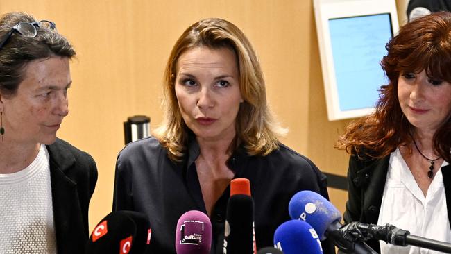 One of the plaintiffs, Amelie (C), talks to the press after the verdict in the sexual assault trial of the French cinema icon Gerard Depardieu at a courthouse in Paris, on May 13, 2025. Picture: AFP