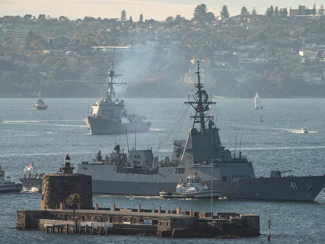 HMAS Brisbane leads the American navy ship USS Rafael Peralta into Sydney Harbour on July 3. Picture: Julian Andrews