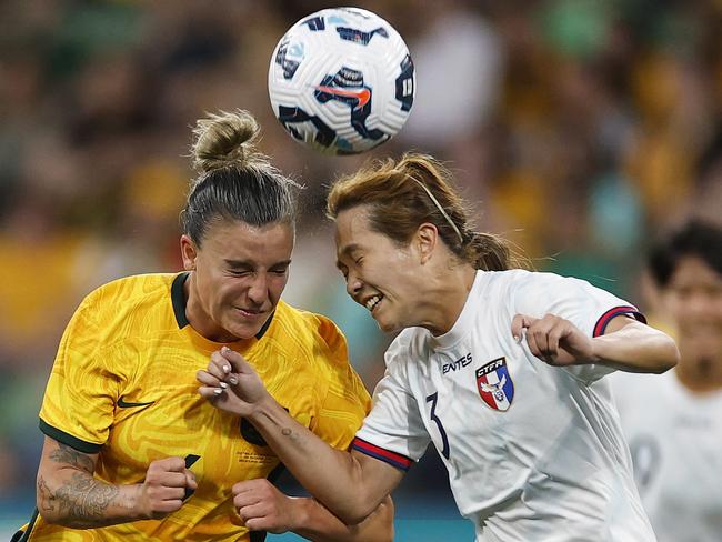 Chloe Logarzo and Chan Pi-Han (Chinese Taipei) clash during the friendly at AAMI Park. Picture: Getty Images