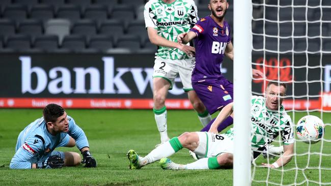 Strikers Besart Berisha scores for Western United against Perth last week Picture: Getty Images