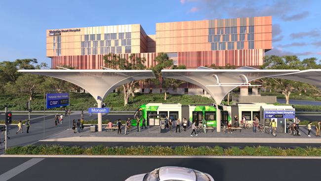 Renders of a proposed trackless tram route to Rowville Monash Station in Melbourne – similar to what could be rolled out in Cairns. Picture: Supplied