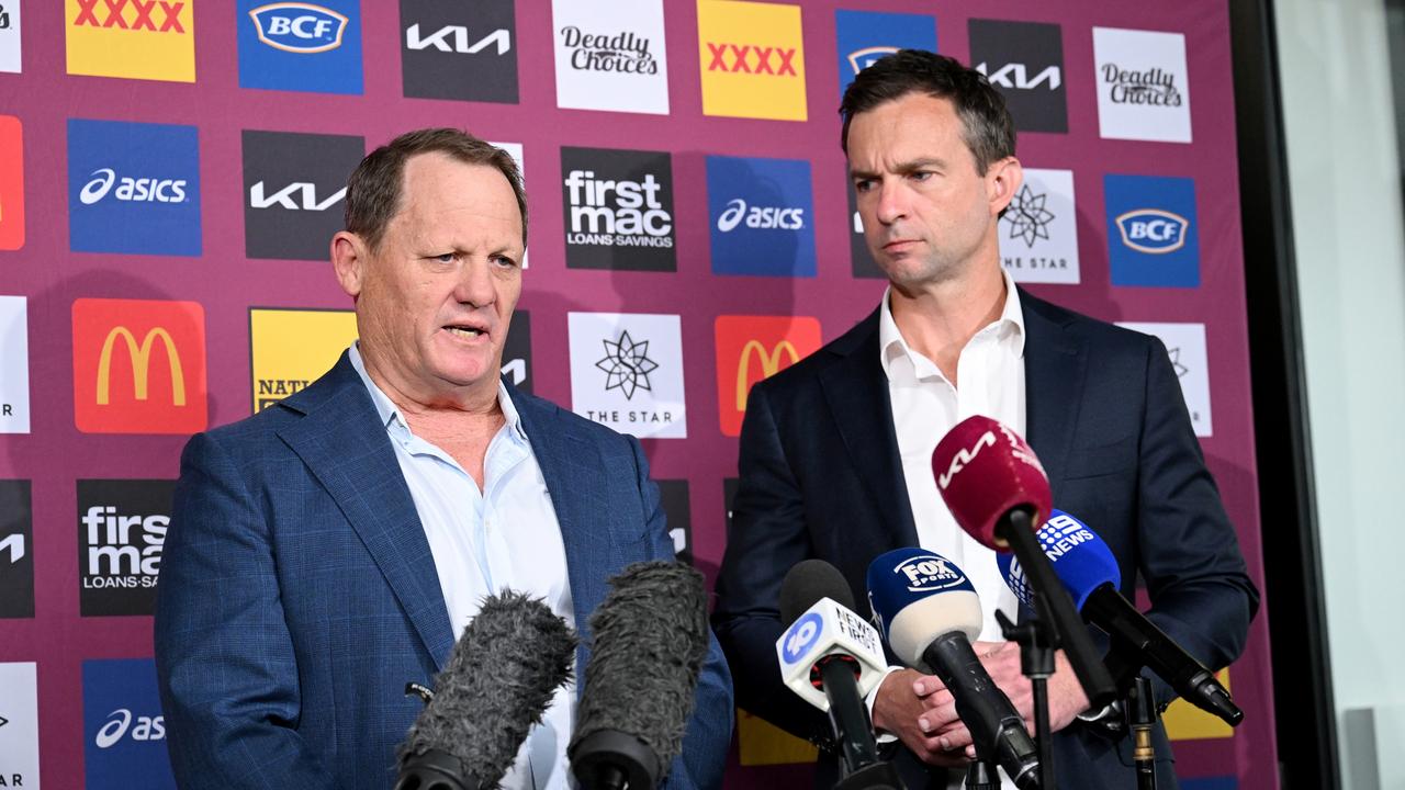 Kevin Walters (L) fronts the media flanked by CEO Dave Donaghy to announce the end of his time as coach of the Broncos. Picture: Getty Images