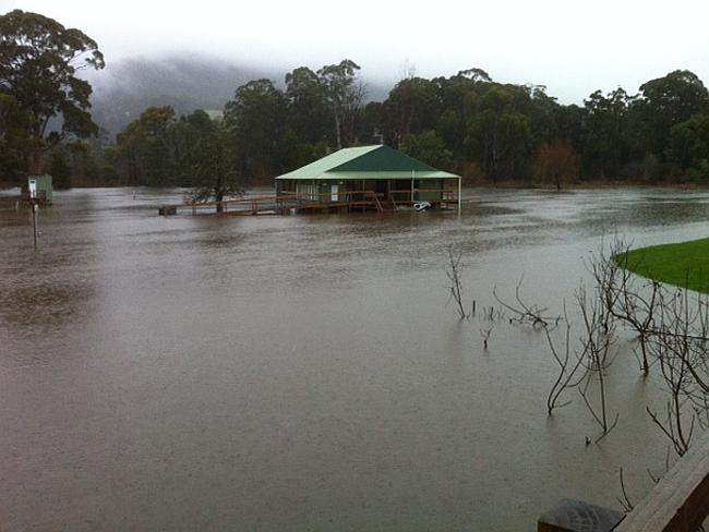 Flooding at Huonville. Picture: Kim Eiszele