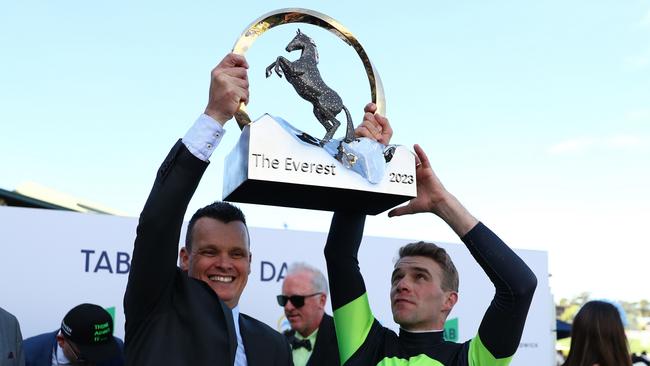 SYDNEY, AUSTRALIA - OCTOBER 14: Sam Clipperton riding Think About It  wins Race 7 The TAB Everest during Sydney Racing - TAB Everest Day at Royal Randwick Racecourse on October 14, 2023 in Sydney, Australia. (Photo by Jeremy Ng/Getty Images)