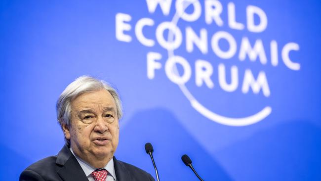 UN Secretary-General Antonio Guterres addresses the audience during the World Economic Forum (WEF) annual meeting in Davos. Picture: AFP