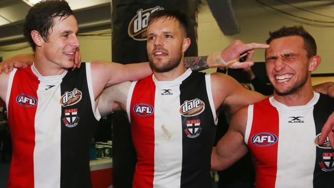 Nathan Brown (centre) with teammates Jake Carlisle and Luke Dunstan. Pic: Getty Images