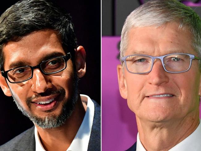 Google CEO Sundar Pichai and Apple CEO Tim Cook. Picture: AFP