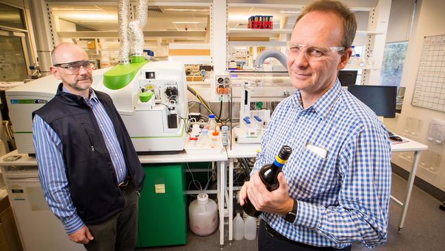 AWRI researchers Martin Day, left, and Eric Wilkes are looking to identify wines’ strontium isotope ratios and certain trace metal elements. Picture: <span class="creditattribution">James Elsby </span>