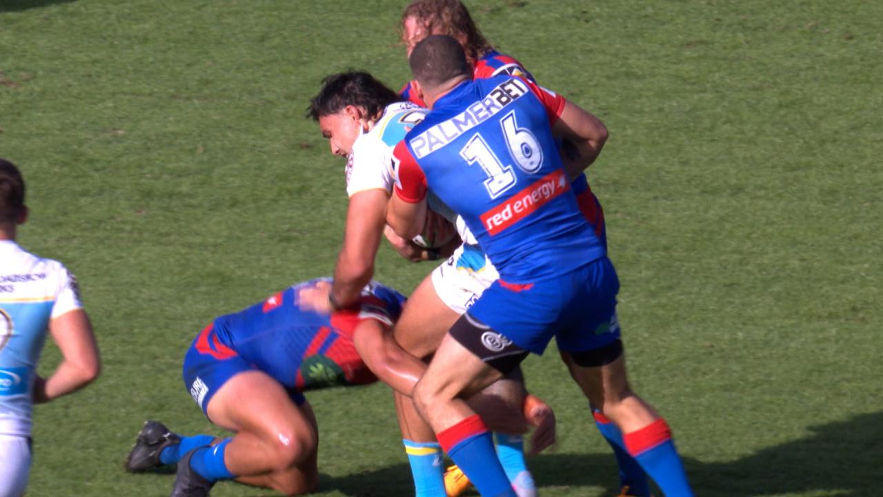 Tyson Frizell tackle on Tino Fa’asuamaleaui, cannonball, on report, Newcastle Knights v Gold Coast Titans, match review committee