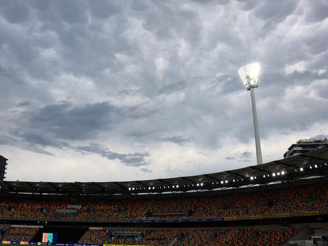 A general view is seen as storm clouds roll over Gabba.