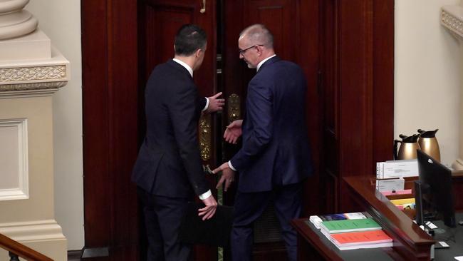 South Australia State Opposition Leader Peter Malinauskas opens the door for his former boss. Picture: Sam Wundke/AAP