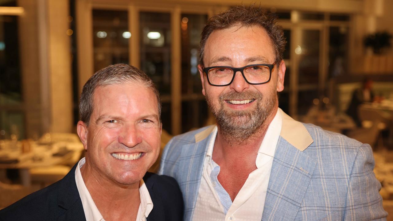 Derek Cronin and Andrew Henderson at the Radcliffe Lawyers 15th year milestone celebration at Blowfish Ocean Grill and Bar Broadbeach. Picture: Portia Large.