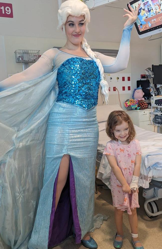 Tessa Perry was treated to a visit from Elsa while in hospital. Picture – contributed.