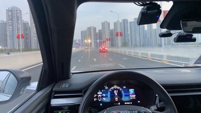 The interior of a Baidu robotaxi, as it drove over the Yangtze River in Wuhan. Picture: Will Glasgow