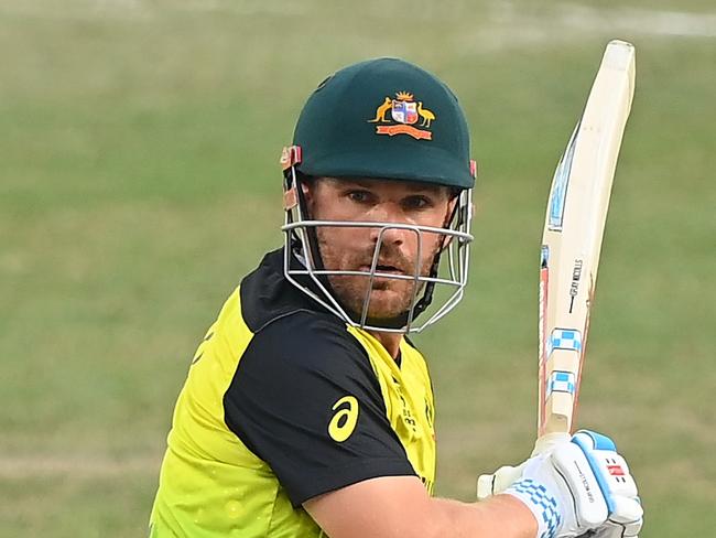 DUBAI, UNITED ARAB EMIRATES - NOVEMBER 04: Aaron Finch of Australia plays a shot during the ICC Men's T20 World Cup match between Australia and Bangladesh at Dubai International Stadium on November 04, 2021 in Dubai, United Arab Emirates. (Photo by Alex Davidson/Getty Images)