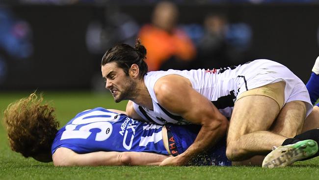 Brodie Grundy tackle on Ben Brown North Melbourne v Collingwood