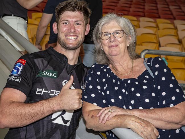 The Sunwolves lock with mum Linda at Suncorp Stadium, where he will play on Saturday night against the Crusaders.