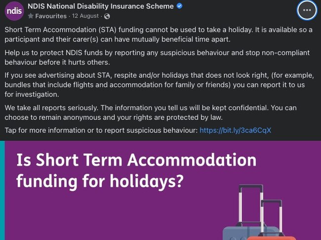 A screenshot of a Facebook post from the NDIS, with advice on the NDIS Short Term Accommodation (STA) funding scheme. Picture: Facebook