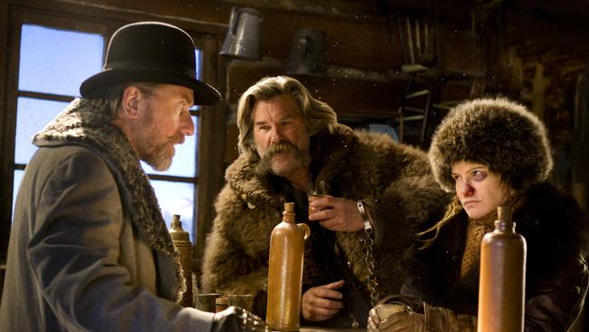 Tarantino’s cast ... Tim Roth, Kurt Russell and Jennifer Jason Leigh star inThe Hateful Eight. Picture: Roadshow