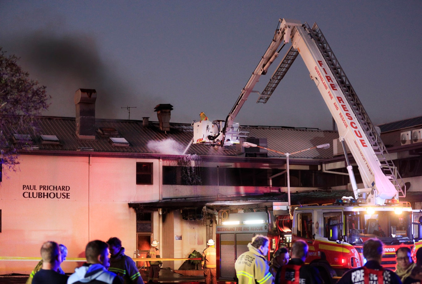 Flames burst from the roof of the Cudgen Leagues club as Queensland Fire Brigade Officers assist local Kingscliff and Tweed Units to fight the fire .Photo Scott Powick Newscorp