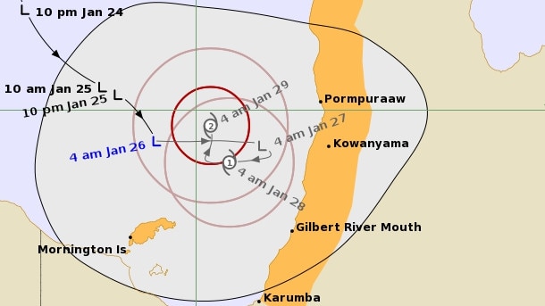 The forecast track map for a tropical low in the Gulf of Carpentaria issued at 5am. Source: Bureau of Meteorology