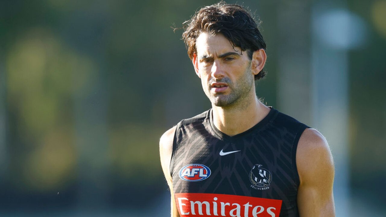 MELBOURNE, AUSTRALIA - FEBRUARY 12: Brodie Grundy of the Magpies looks on during a Collingwood Magpies AFL training session at Holden Centre on February 12, 2022 in Melbourne, Australia. (Photo by Mike Owen/Getty Images)