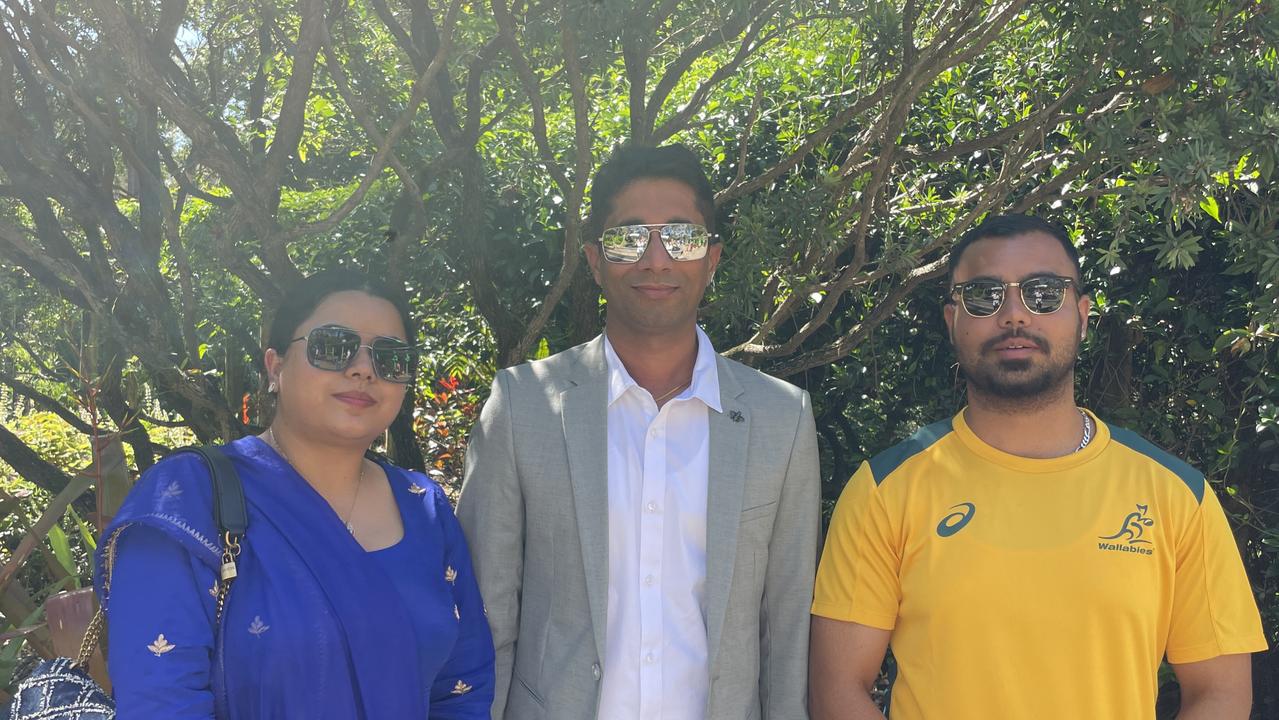 Parminder, Dalwinder and Tejinder from Woolgoolga at the Australia Day ceremony at the Botanic Gardens in Coffs Harbour. Picture: Matt Gazy