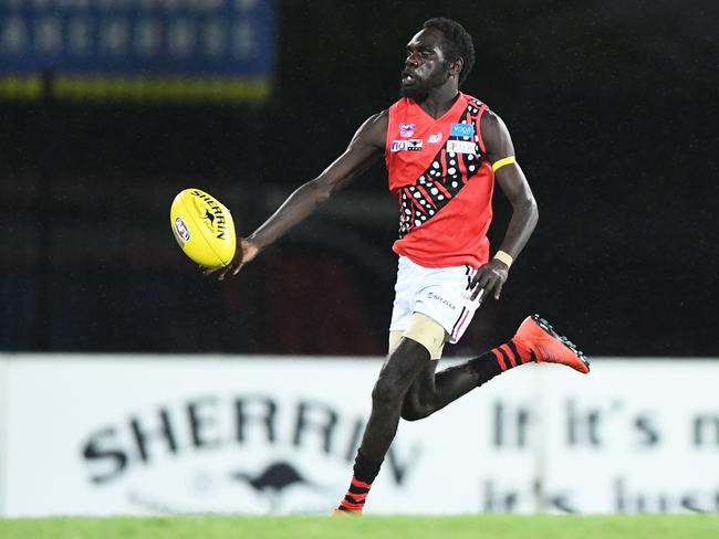 Blake Puruntatameri's leg speed and kicking skills have stood out in his two Premier League games for the Tiwi Bombers. Picture: Felicity Elliott/AFLNT Media