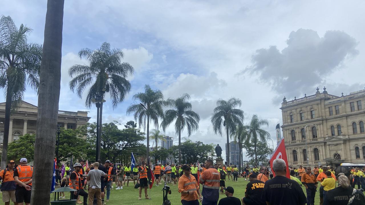 A CFMEU protest in the wake of a tragic worker death has shut down Brisbane’s CBD.