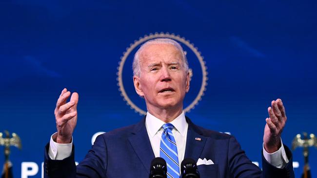 US President-elect Joe Biden delivers remarks on the public health and economic crises at The Queen theater in Wilmington, Delaware on January 14. Picture: AFP